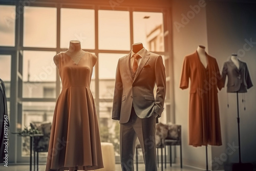 Elegance dress and suit. Boutique interior design, super photo realistic background. Generative ai illustration