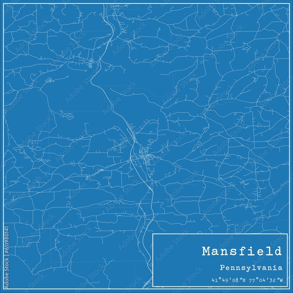 Blueprint US city map of Mansfield, Pennsylvania.