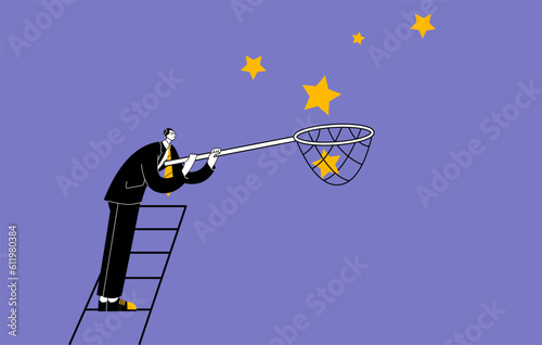 A man in a business suit catches stars from the sky with a net. An illustration on the theme of success and collecting new stars.