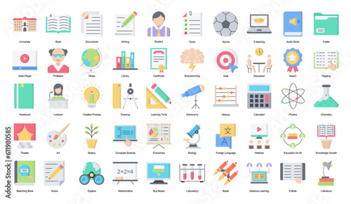 University Flat Icons Education Student Iconset in Color Style 50 Vector Icons