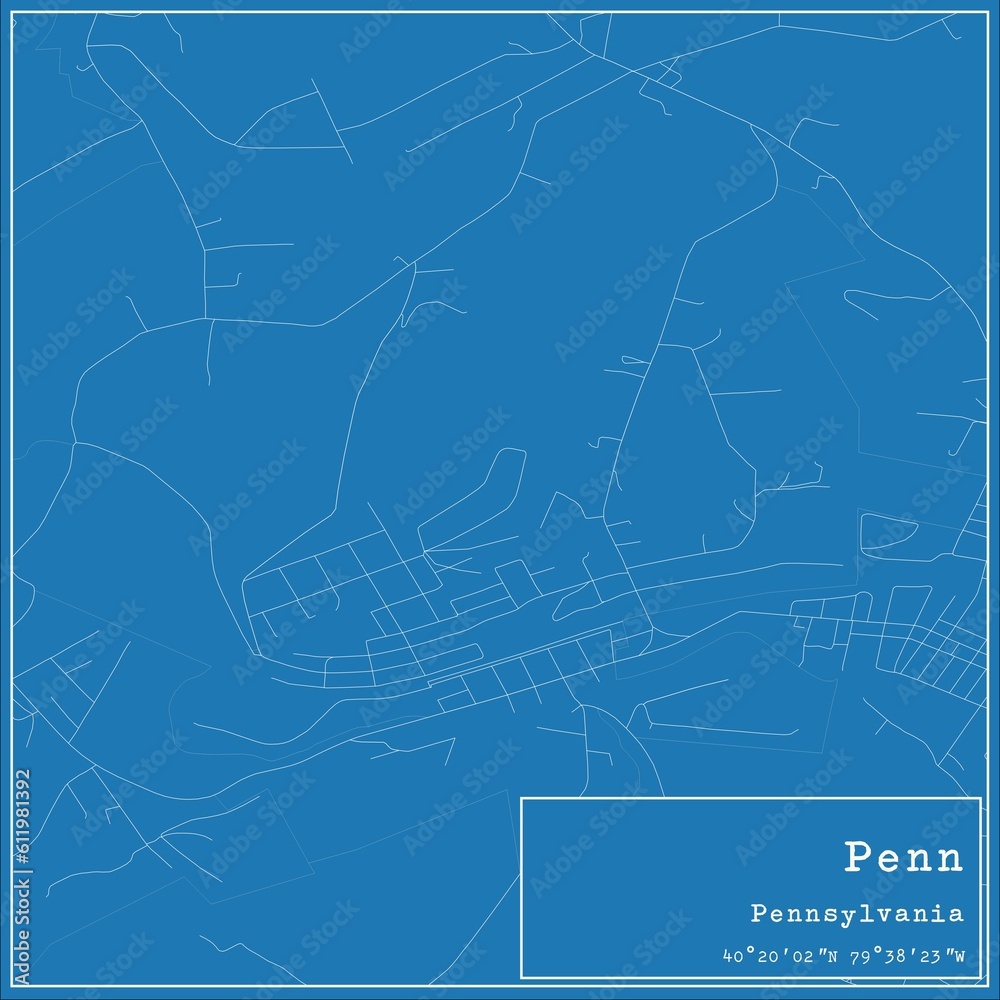 Blueprint US city map of Penn, Pennsylvania.