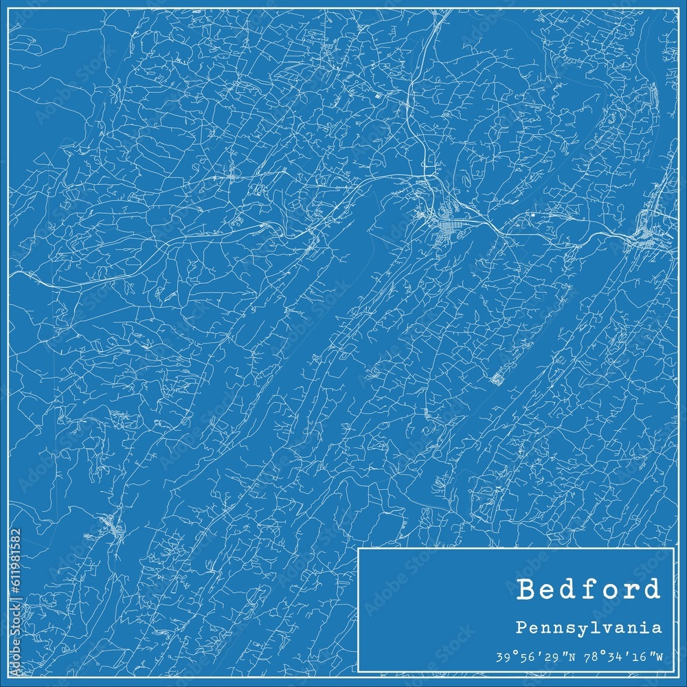 Blueprint US city map of Bedford, Pennsylvania.