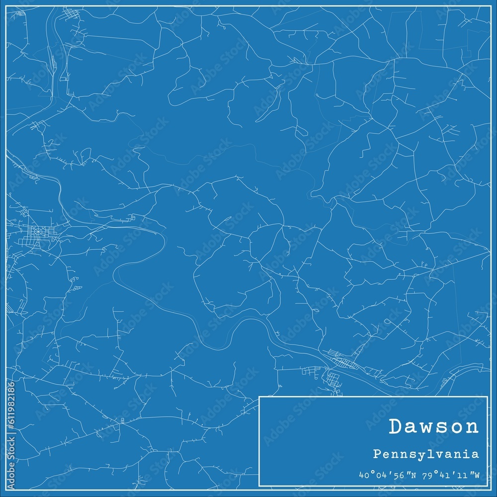 Blueprint US city map of Dawson, Pennsylvania.