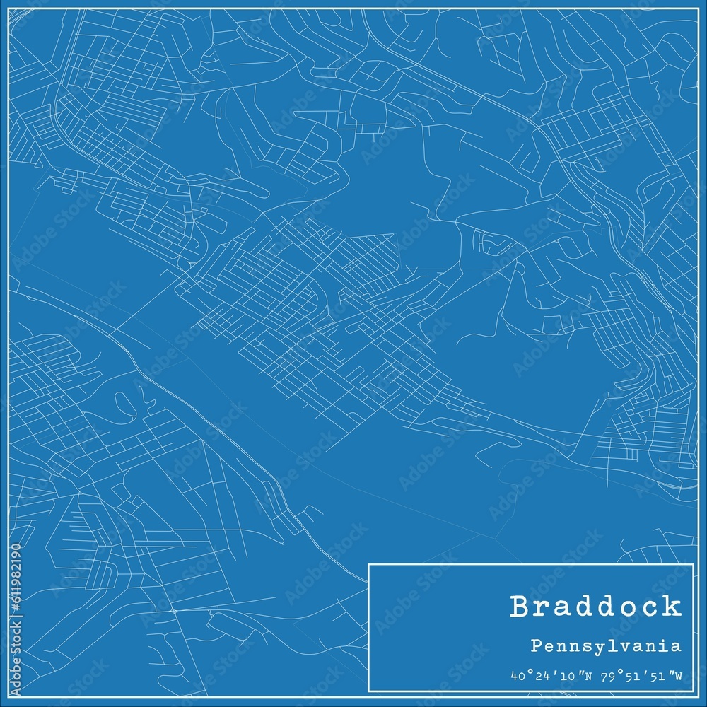 Blueprint US city map of Braddock, Pennsylvania.