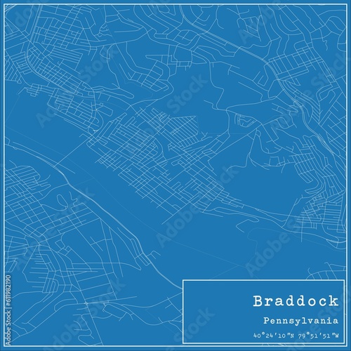 Blueprint US city map of Braddock, Pennsylvania. photo