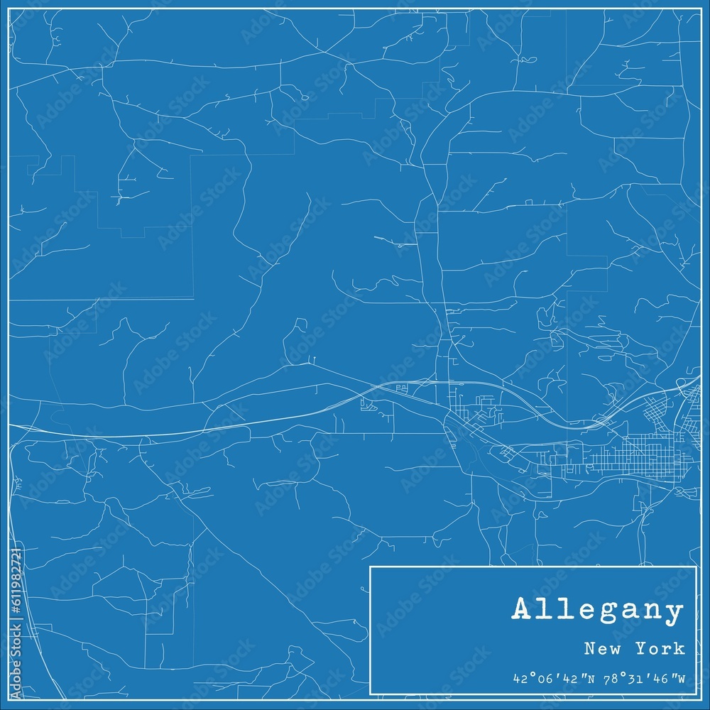 Blueprint US city map of Allegany, New York.