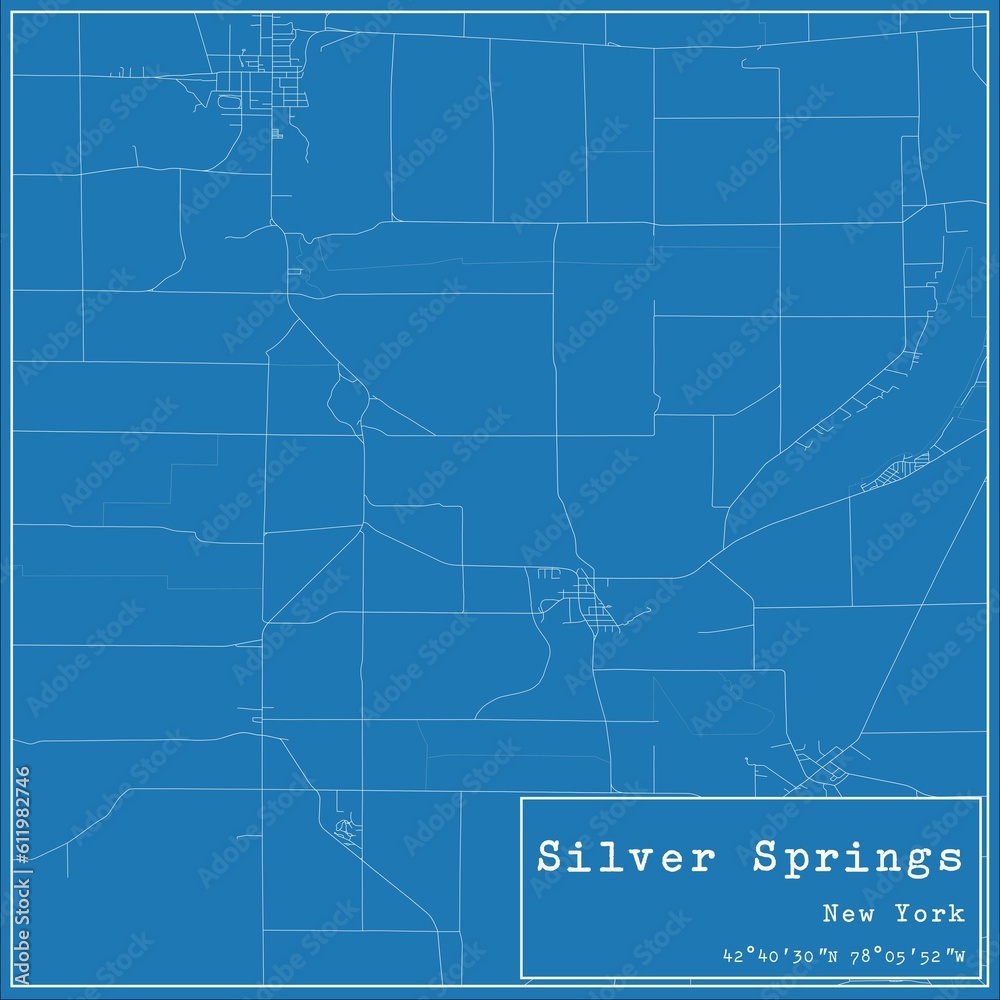 Blueprint US city map of Silver Springs, New York.