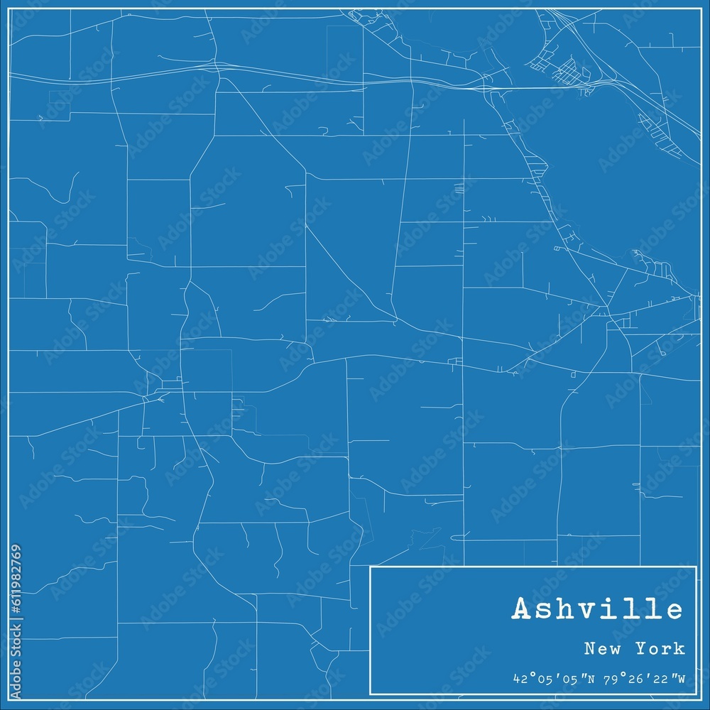Blueprint US city map of Ashville, New York.