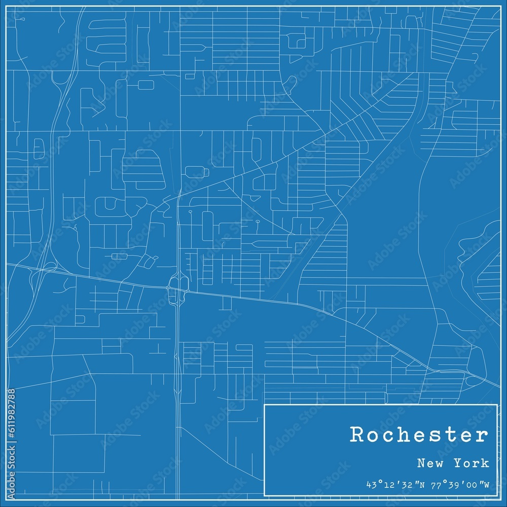 Blueprint US city map of Rochester, New York.