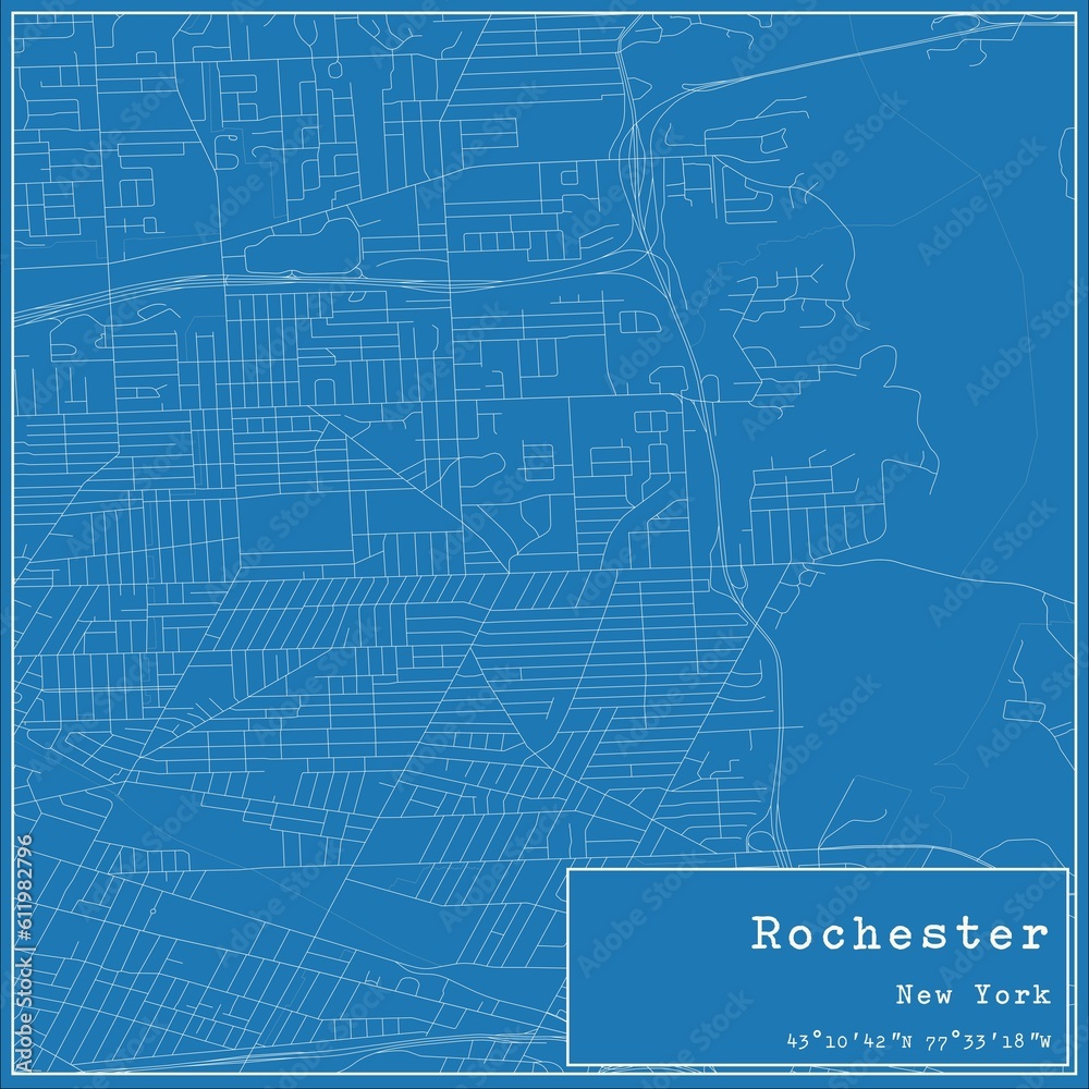 Blueprint US city map of Rochester, New York.