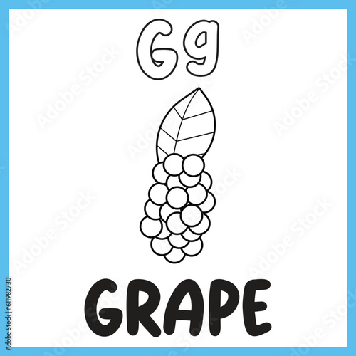 A-Z Alphabet Tracing And Coloring Pages. Letter G For Grape. Kids Activity English Word Learning Vector Illustration Coloring Pages For Coloring Book