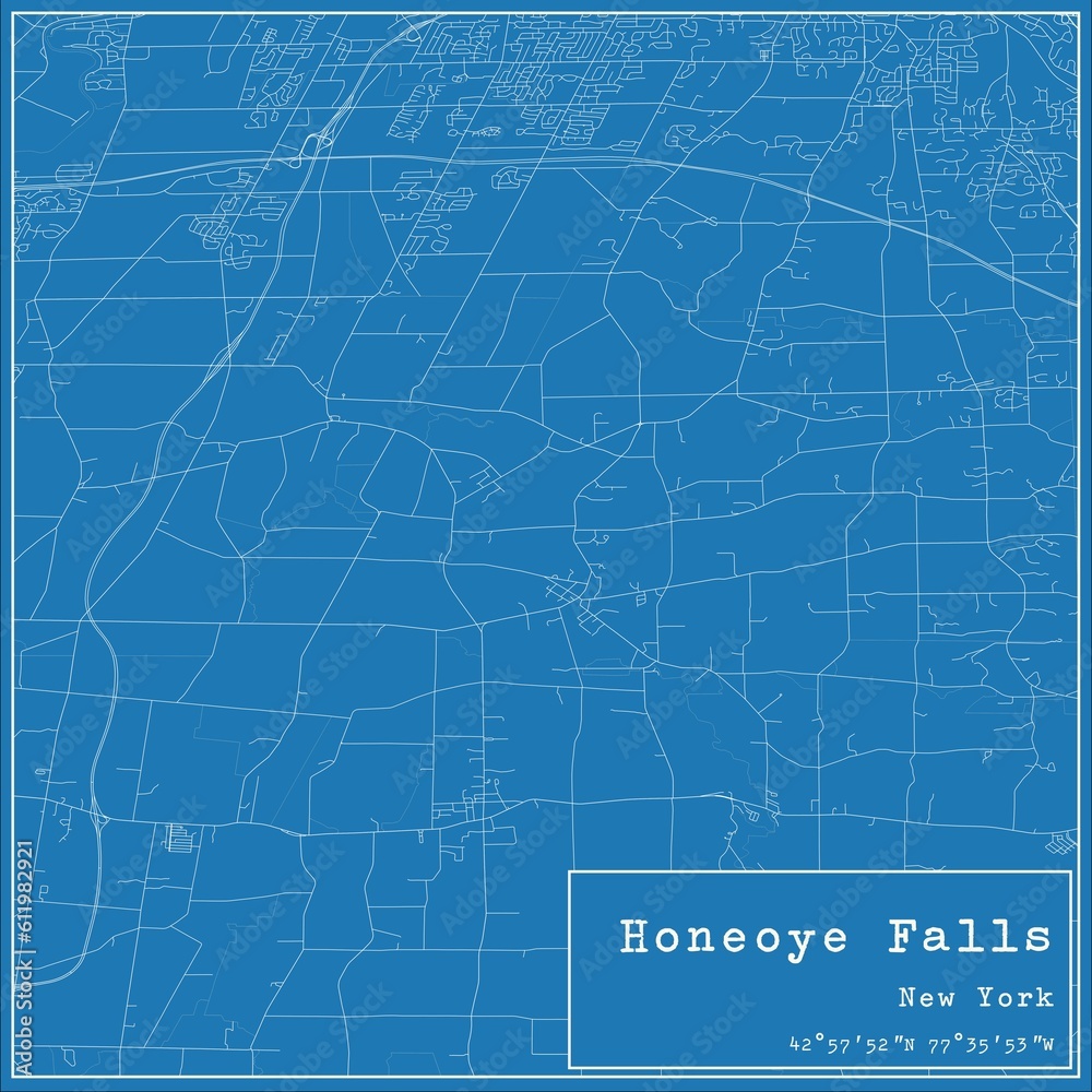 Blueprint US city map of Honeoye Falls, New York.