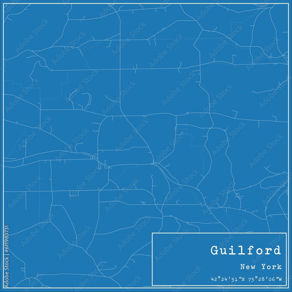 Blueprint US city map of Guilford, New York.