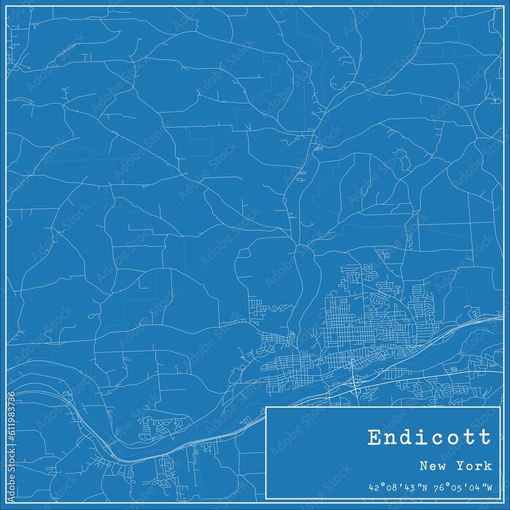 Blueprint US city map of Endicott, New York.