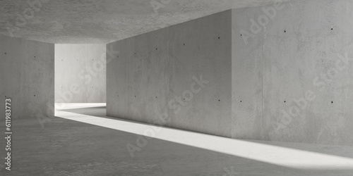 Abstract large, empty, modern concrete room with sunlight from back and and rough floor - industrial interior background template