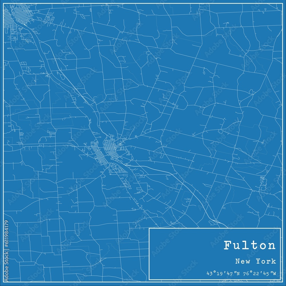 Blueprint US city map of Fulton, New York.