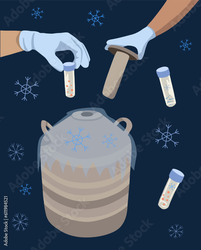 Vector isolated illustration of sperm and egg freezing. Sperm donation. Egg donation. Artificial insemination. In vitro fertilization.