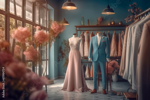 Elegance dress and suit. Boutique interior design, super photo realistic background. Generative ai illustration