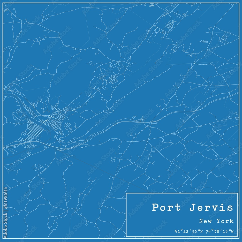 Blueprint US city map of Port Jervis, New York.