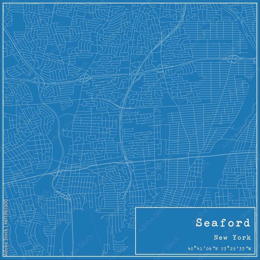 Blueprint US city map of Seaford, New York.