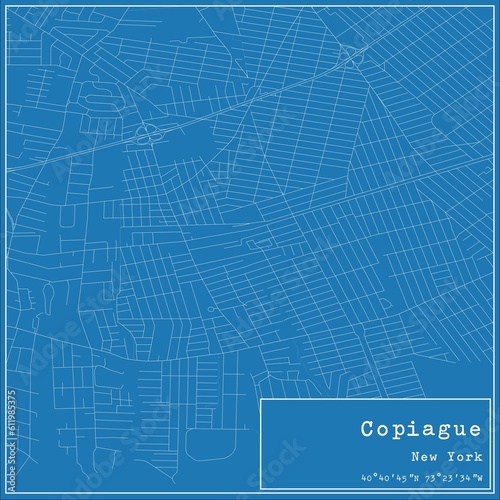 Blueprint US city map of Copiague, New York.