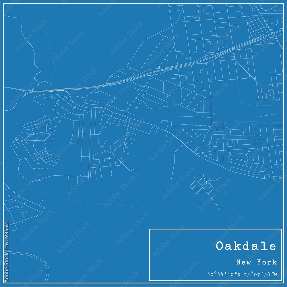 Blueprint US city map of Oakdale, New York.