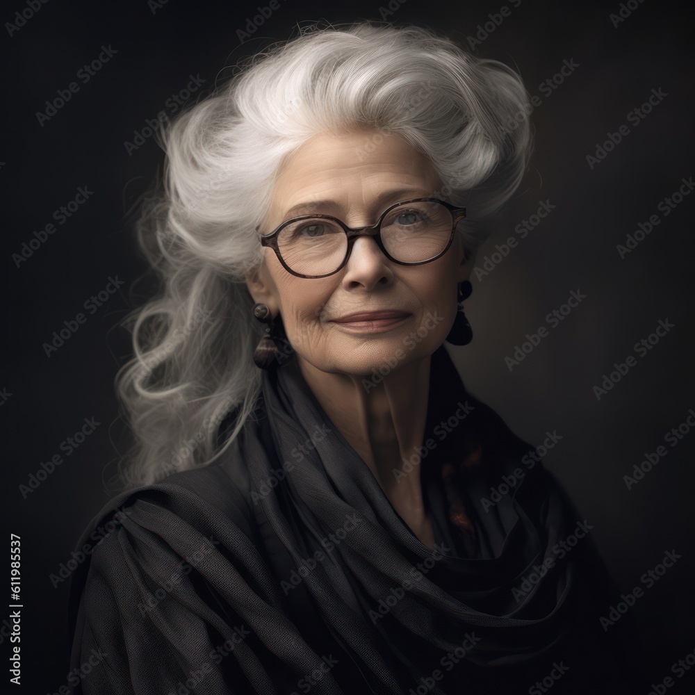 Portrait of a senior woman with gray color natural long hairon black background. Generative AI