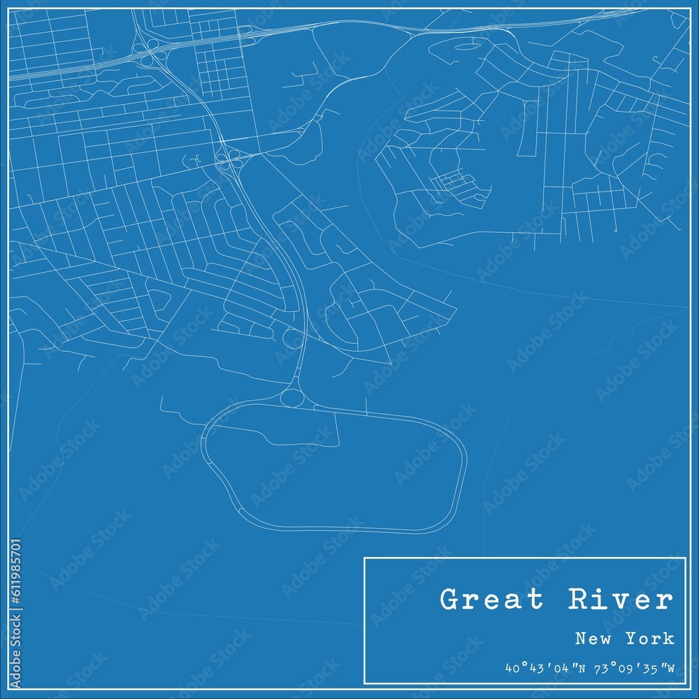 Blueprint US city map of Great River, New York.