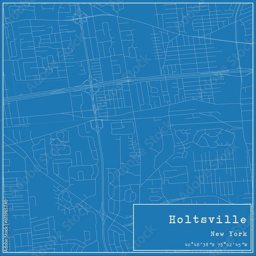 Blueprint US city map of Holtsville, New York.