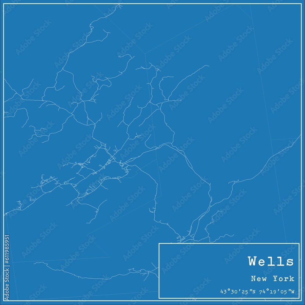Blueprint US city map of Wells, New York.