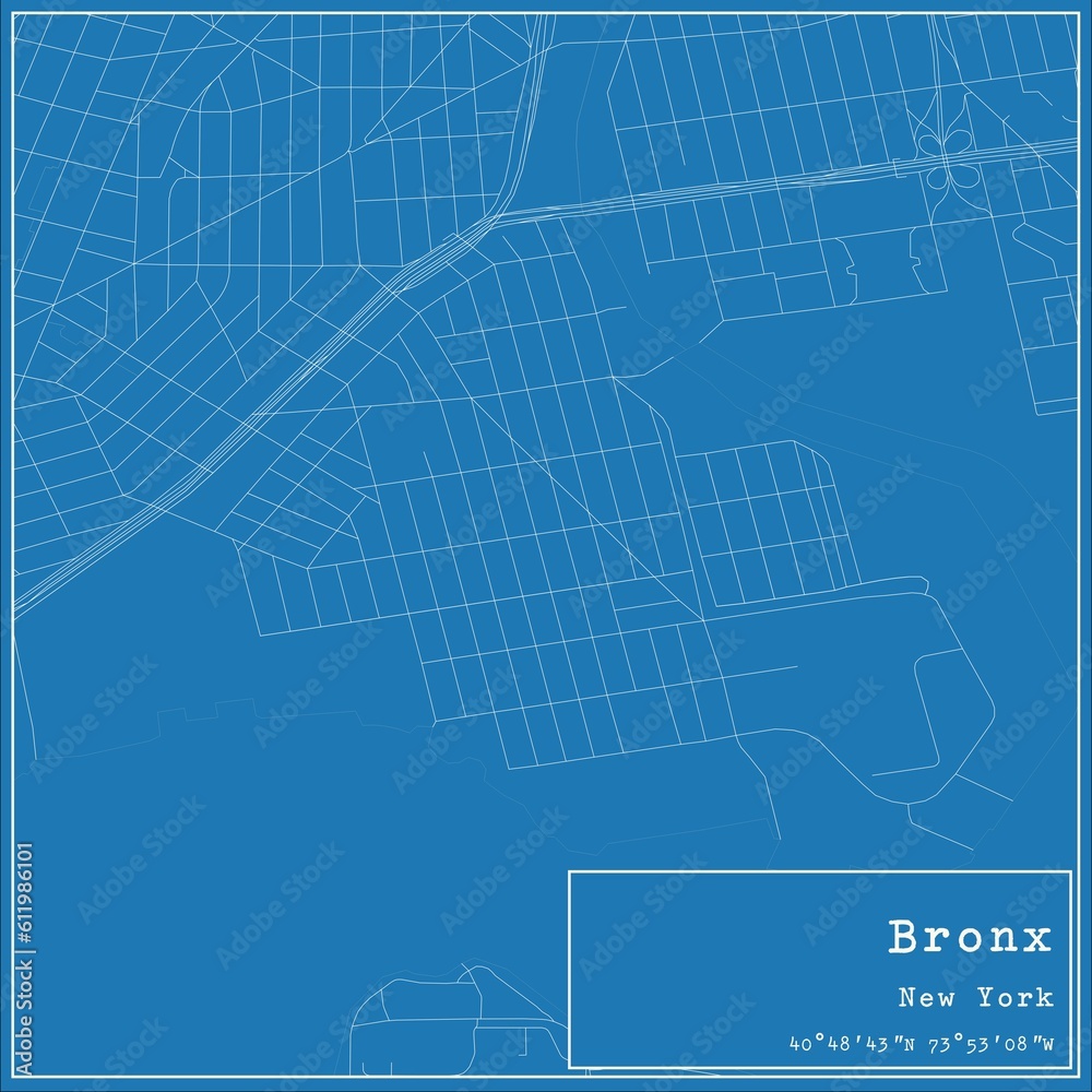 Blueprint US city map of Bronx, New York.