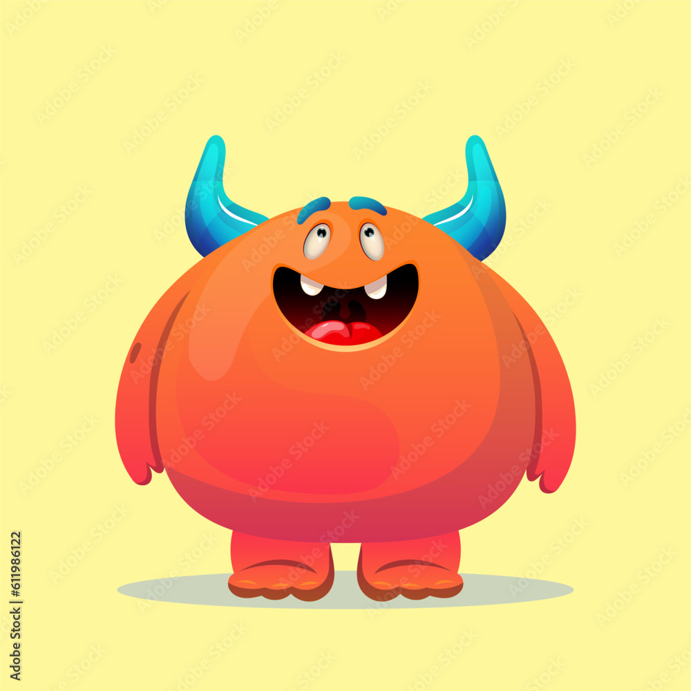 Cute cartoon horned monster. Design for print, sticker, party decoration, logo, emblem, magazine prints or journal article, t-shirt design, poster. Vector illustration of Halloween cool monster Cute cartoon horned monster. Design for print, sticker, party decoration, logo, emblem, magazine prints or journal article, t-shirt design, poster. Vector illustration of Halloween cool monster
