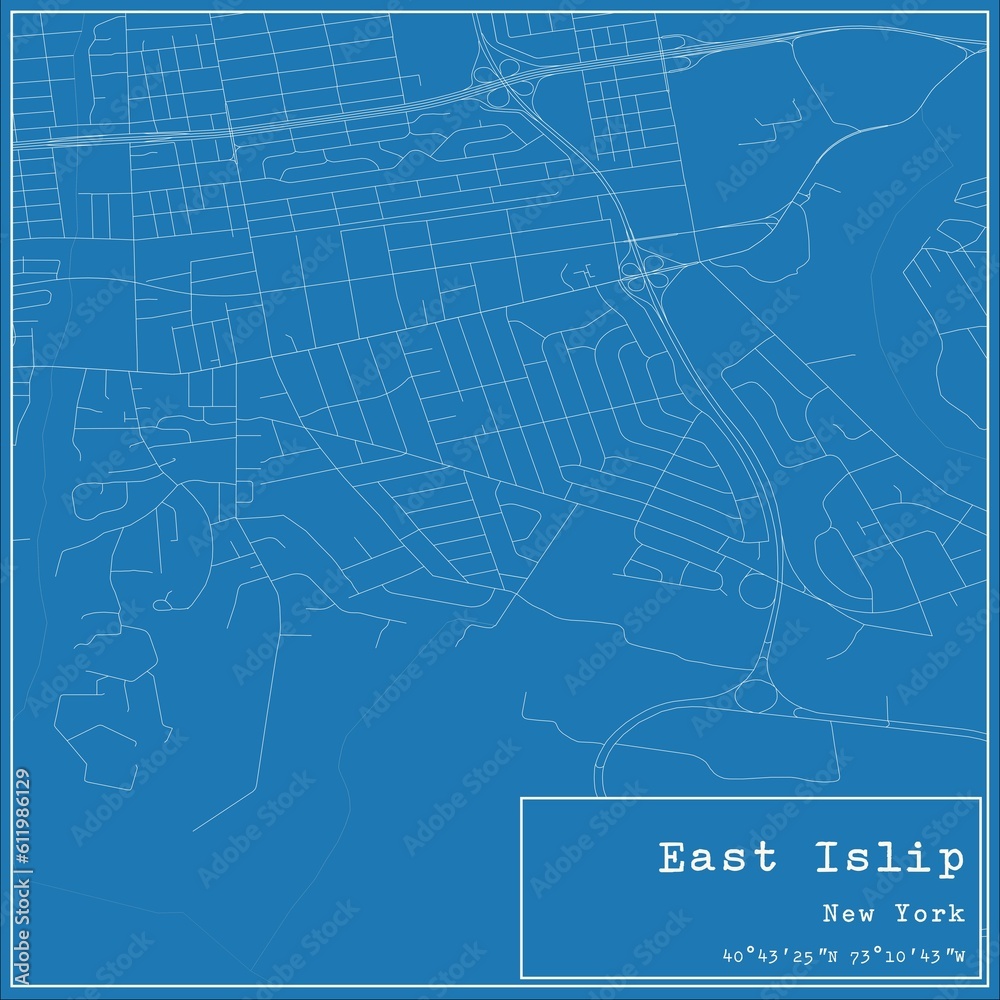 Blueprint US city map of East Islip, New York.