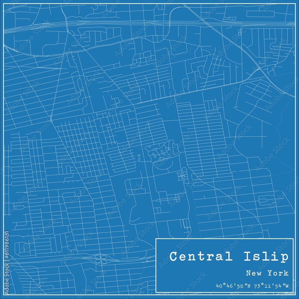 Blueprint US city map of Central Islip, New York.