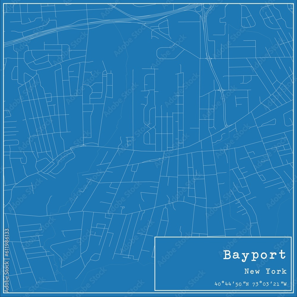 Blueprint US city map of Bayport, New York.