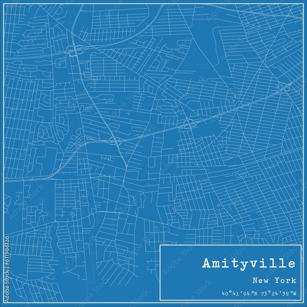 Blueprint US city map of Amityville, New York.