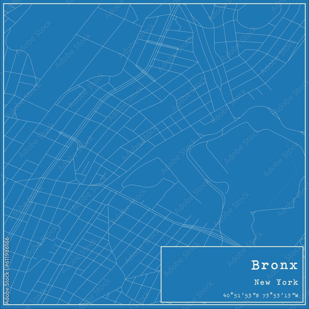 Blueprint US city map of Bronx, New York.