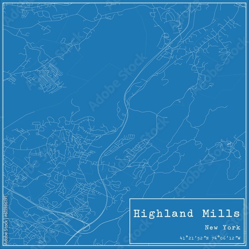 Blueprint US city map of Highland Mills, New York.