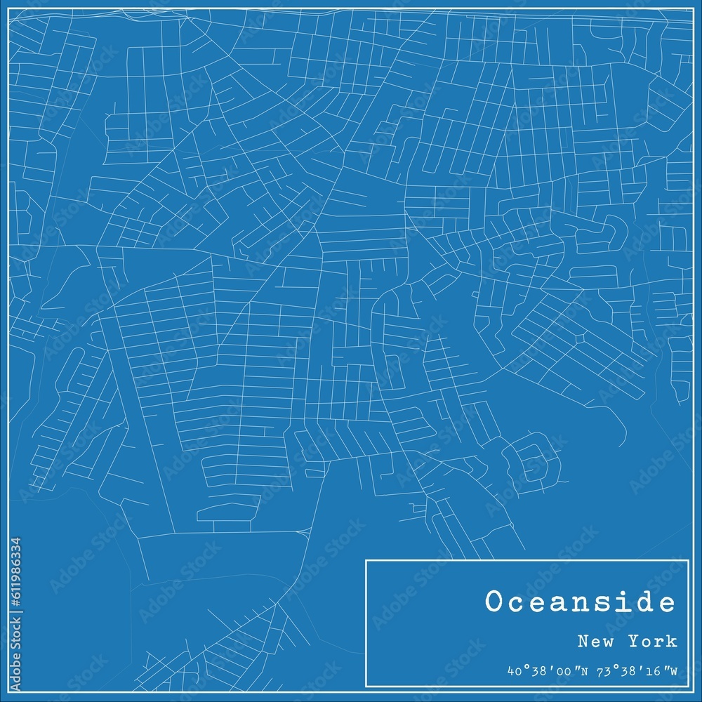 Blueprint US city map of Oceanside, New York.
