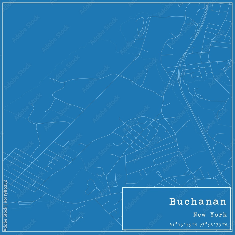 Blueprint US city map of Buchanan, New York.