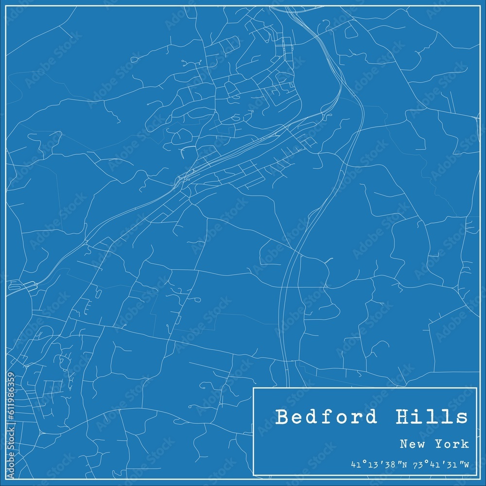 Blueprint US city map of Bedford Hills, New York.