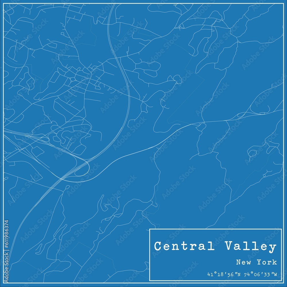 Blueprint US city map of Central Valley, New York.