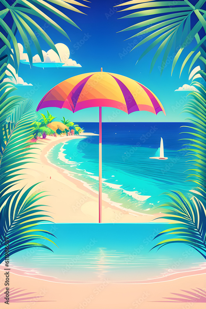 Abstract illustration of an umbrella on a tropical beach background. Generative AI