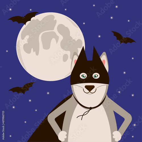 A husky dog in a batman costume. Night sky with moon and bats. Superhero. Pets. Costume party. Cartoon style. Holiday card. Vector illustration. Birthday. halloween. Celebration