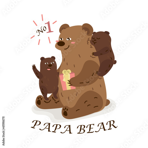 A family of grizzly bears celebrate father's day. Father and two children. Bear and cubs. Pink gift. Hugs, have fun. Cartoon style. Holiday card. Vector illustration. Birthday. No 1 papa bear. White 