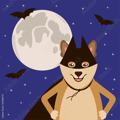 A corgi dog in a batman costume. Night sky with moon and bats. Superhero. Pets. Costume party. Cartoon style. Holiday card. Vector illustration. Birthday. halloween. Celebration