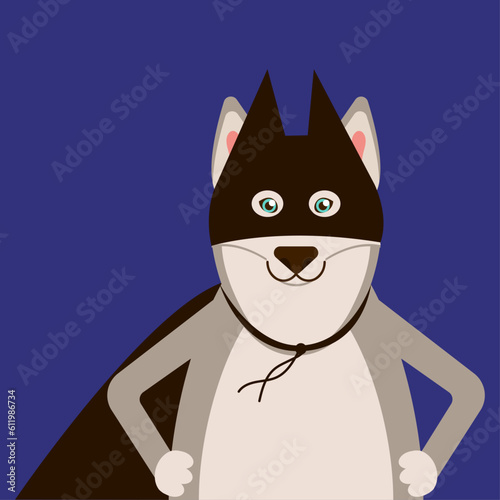 A husky dog in a batman costume. Superhero. Pets. Costume party. Party. Suit, mask and cloak. Cartoon style. Holiday card. Vector illustration. Birthday. halloween Celebration. Fun. Blue background