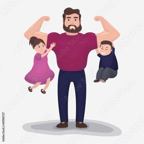 a father holds his children on his shoulders. Strong adult, safety for the child. Happy childhood, family, family values, birthday, father's day. father, son, daughter. Holiday card