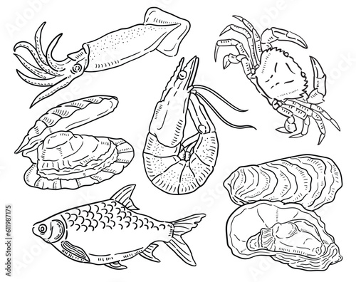  Seafood. vector hand drawn illustration