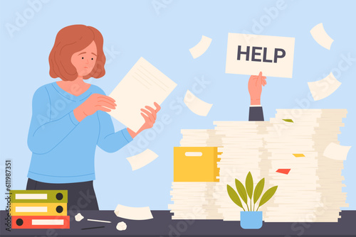 Stress from office bureaucracy vector illustration. Cartoon woman giving document to tired employee drowning in chaos of paper sheets pile and stacks on desk, hand of businessman holding help sign